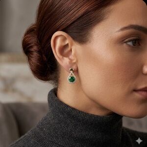 14k Gold Plated Teardrop Earrings with Green Crystal and Clear CZ